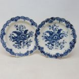 A pair of 18th century Worcester blue and white plates, crescent moon mark to base, 18 cm diameter