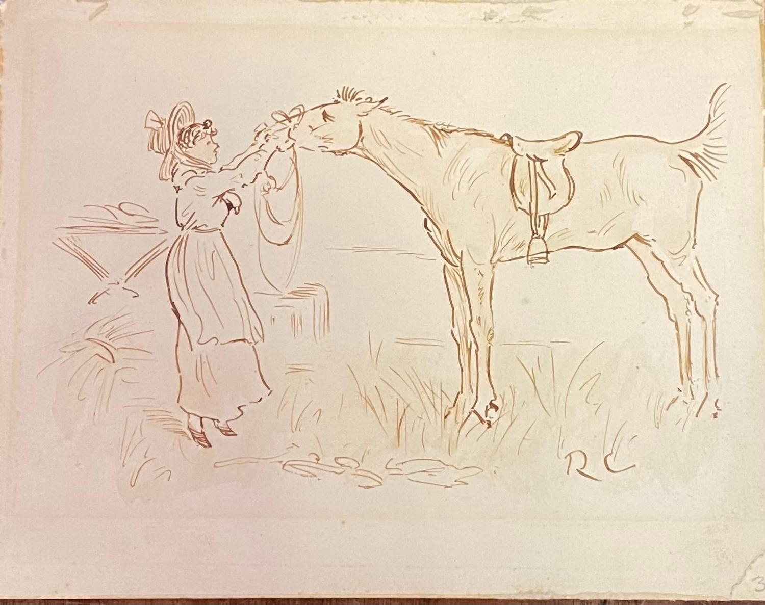 Randolph Caldecott (1846-1886), a lady with a horse, pen and ink, initialed, 13 x 16 cm