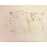 Randolph Caldecott (1846-1886), a lady with a horse, pen and ink, initialed, 13 x 16 cm