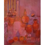 Iris Stevens, Red Still Life, oil on board, signed, 70 x 59 cm