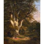English school, 19th century, a jester resting by a tree, with another figure approaching,