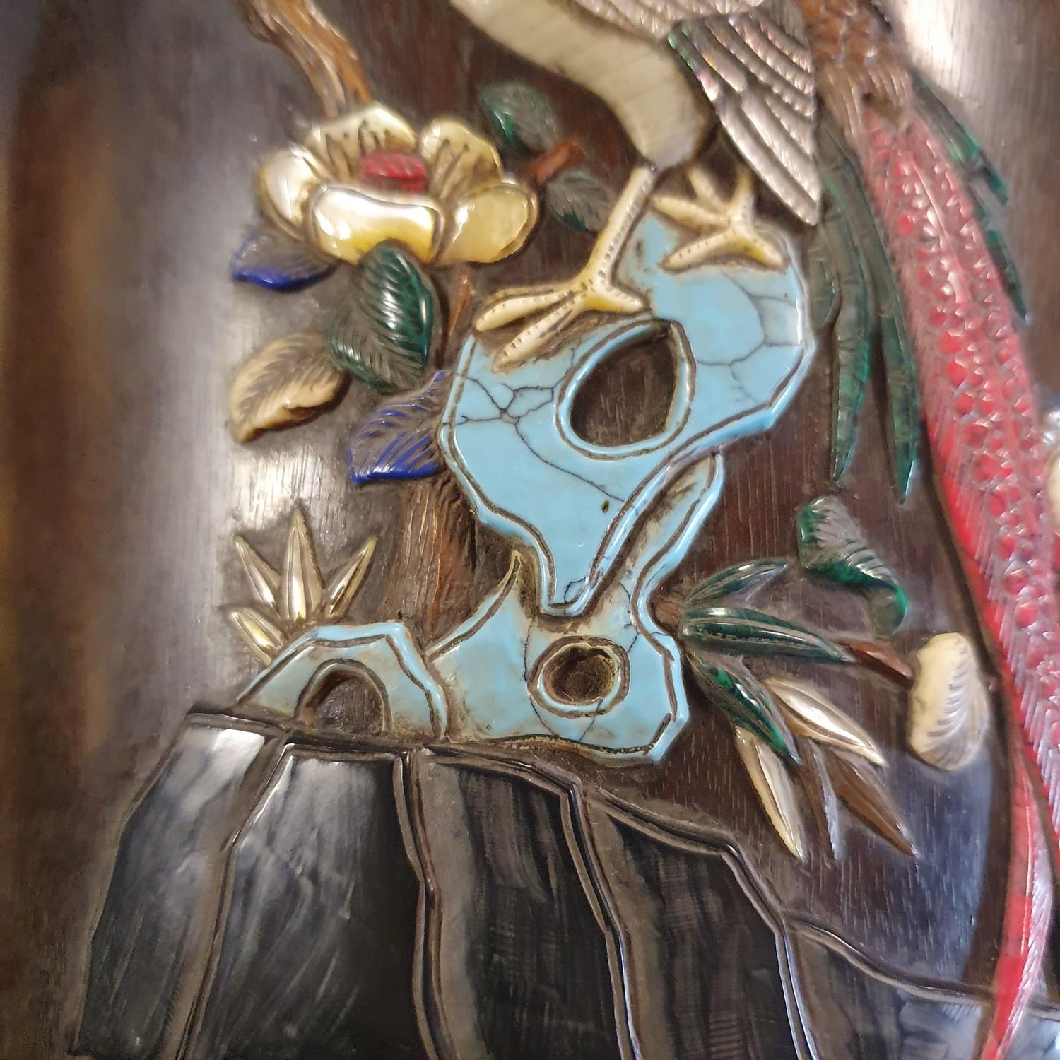 A Chinese wooden brush pot, inset with various coloured stones decorated birds and flowering - Image 6 of 8