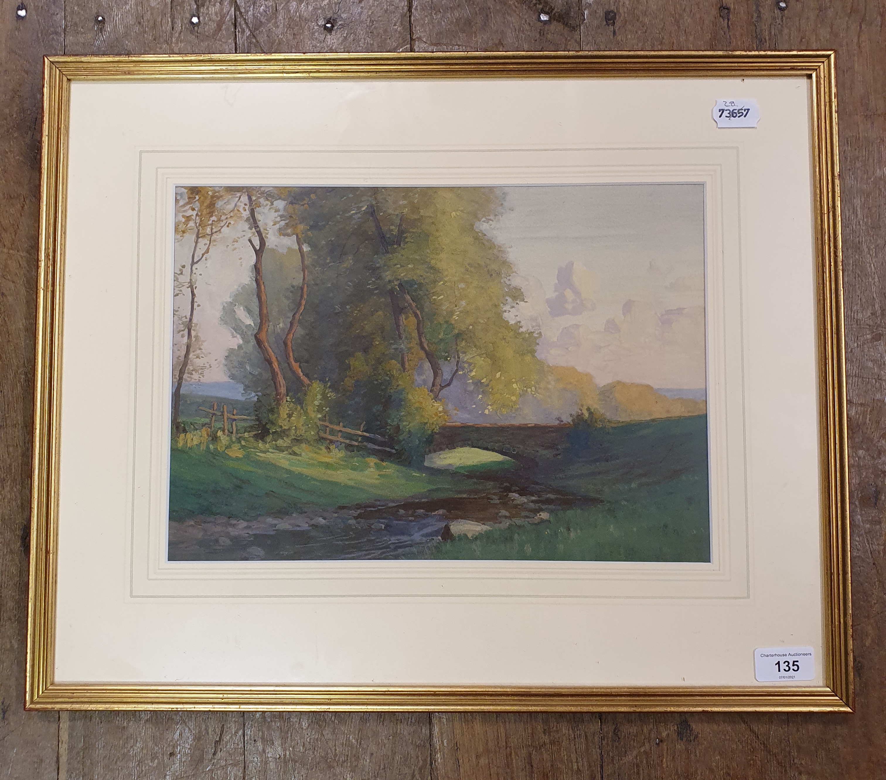 Oswald Garside (1879-1942), a landscape with a bridge, gouache, 25 x 36 cm, Swan Gallery label verso - Image 2 of 2