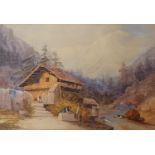 Sarah Woodham, a Swiss landscape with a cabin, watercolour, 32 x 47 cm