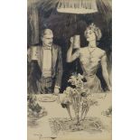 Lewis Baumer (1870-1963), a gentleman and a lady performing a toast, pen and ink, signed, 30 x 19 cm