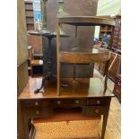 A mahogany dressing table, 108 cm wide, an ottoman, a mahogany corner washstand, a lamp table, two