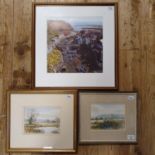 Lucy Tonkin, harbour at low tide, watercolour 30 x 30 cm, and Bill Toop, two landscapes,