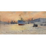 Norman Crosse, a dock scene, watercolour, 25 x 49 cm