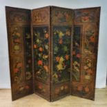 A late 19th century leather four panel screen, painted birds, flowers and vases, 185 cm high
