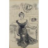 Lewis Baumer (1870-1963), a lady seated by a piano, pen and ink, signed and dated '92, 30 x 22 cm