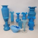 A large group of Victorian and later blue glass vases and other items similar (qty)