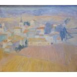 June Miles (1924) landscape with a village, oil on canvas, signed and dated '85 verso, 36 x 41 cm