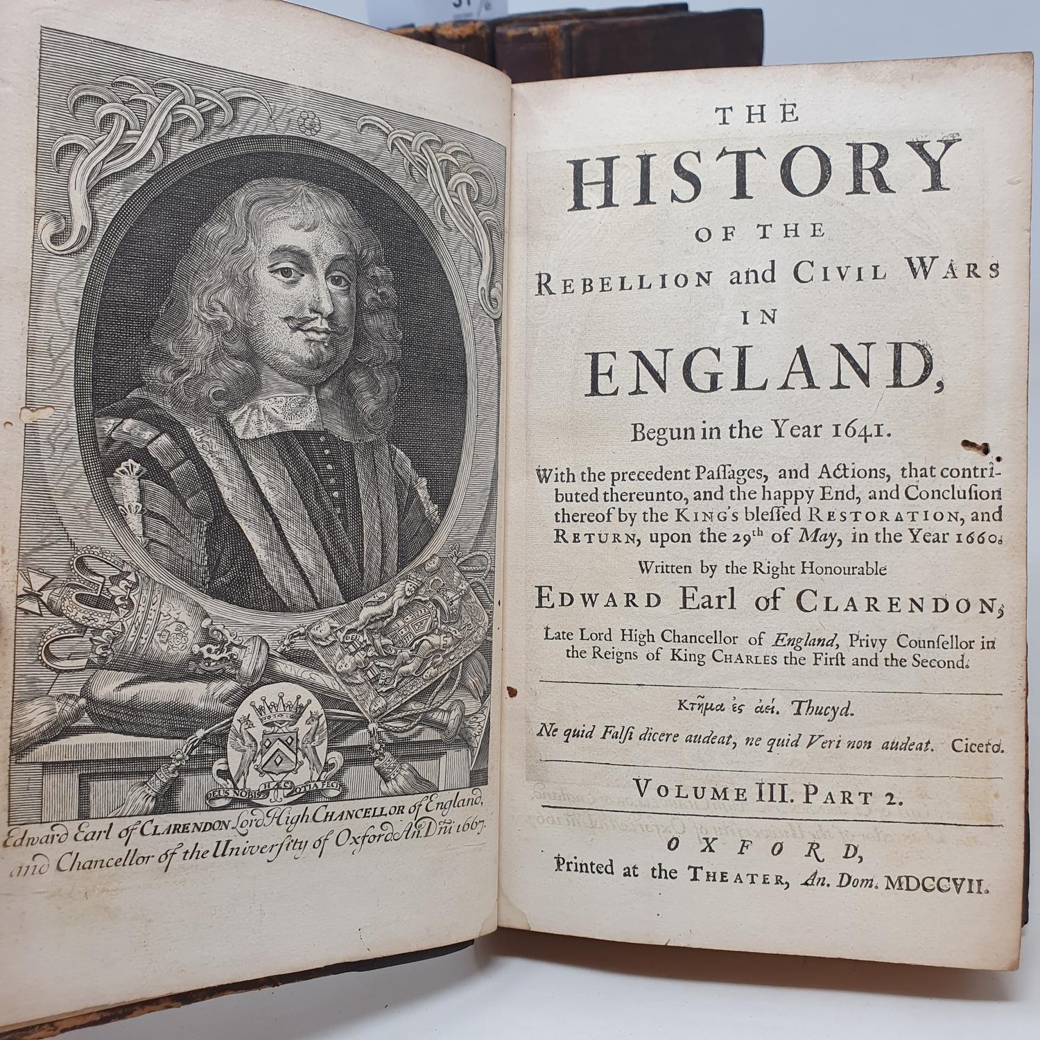 Clarendon (Edward Earl of) The History of the Rebellion and Civil Wars in England, 6 vols, 1725- - Image 3 of 3