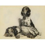 Cecil Charles Windsor Aldin (1870-1935), Tortoiseshell Spaniels, pencil and wash on ivorine,