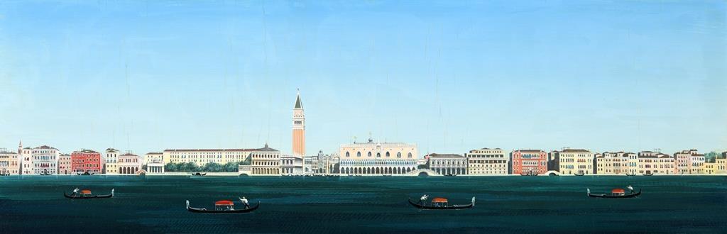 Mario Dinon (1914-1967), Venice, oil on board, labels verso, 30 x 90 cm