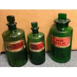 Three early 20th century green glass apothecary bottles, and other glassware (box)