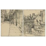 Laurence Davis, booksellers row and a stable inn, a pair, signed in charcoal, 23 x 20 cm