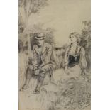 Lewis Baumer (1870-1963), a landscape with a seated gentleman and a lady, charcoal, signed, 37 x