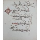 An Arabic volume/manuscript, loose leaves in a hide cover, each page double sided and approx. 21 x