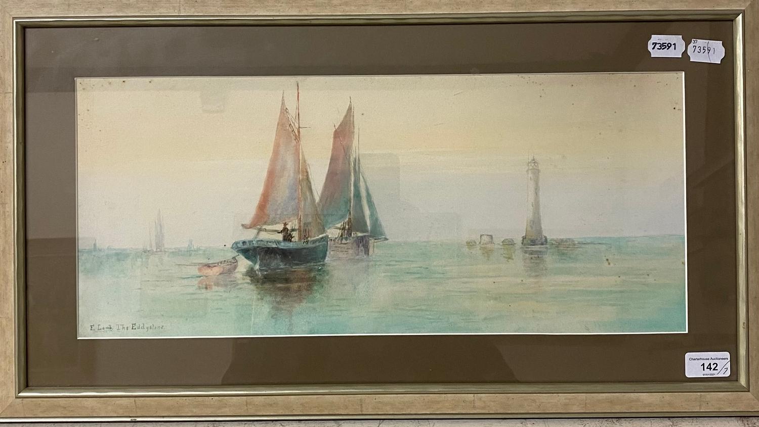 E Lamb, seascape with boats, watercolour, 22 x 51 cm, and six other pictures (7)