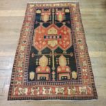 A red ground Persian type rug, with main cream border, centre with repeating geometric forms, 250