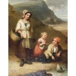 English school, 19th century, a family on the shore line with a toy boat and a mother, child and a