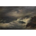 J Powell, a seascape with a cliff, oil on canvas, signed and dated 1874, 40 x 70 cm