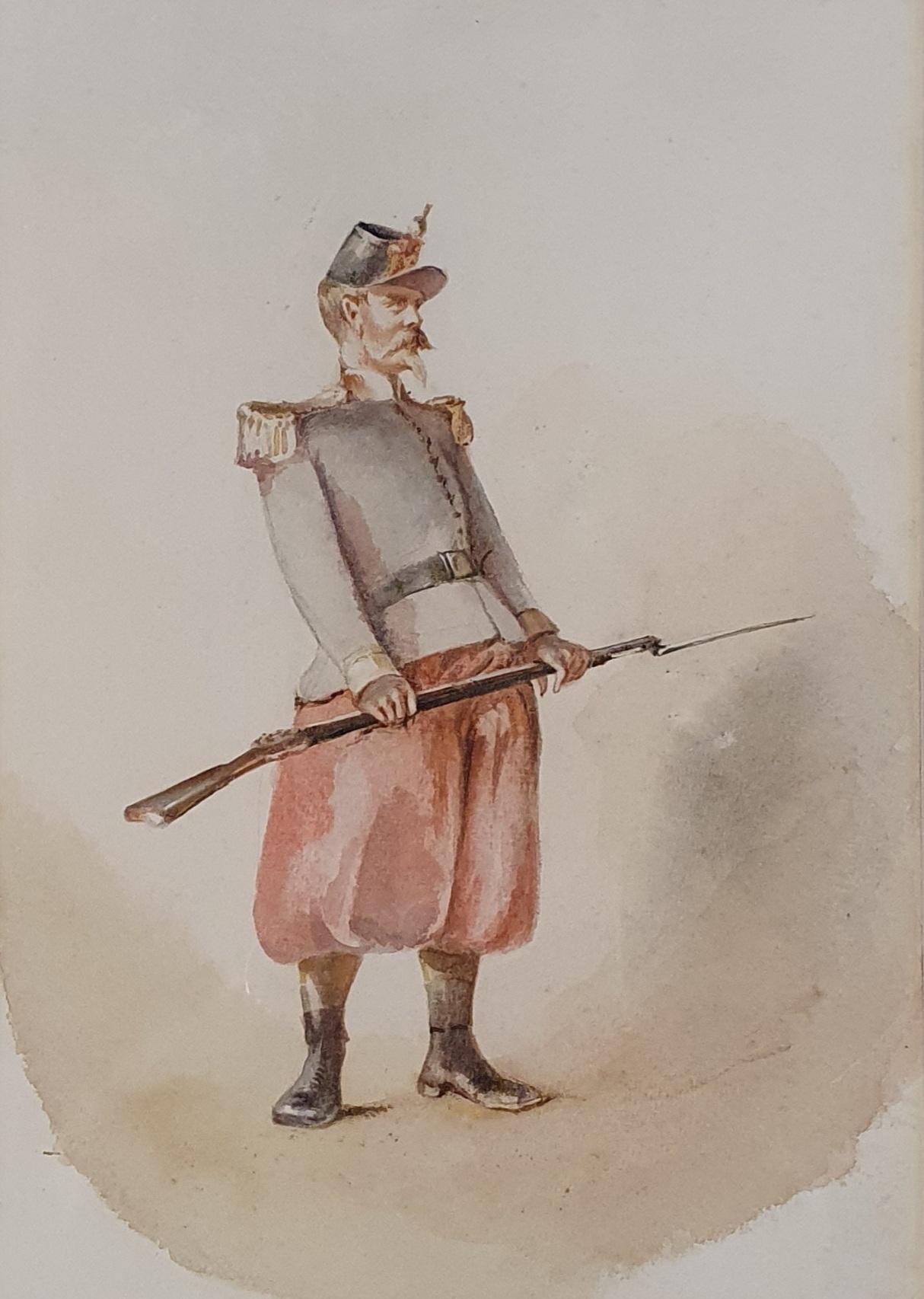 Carl Haag (1820-1915), study of a soldier, inscribed verso, 33 x 23 cm