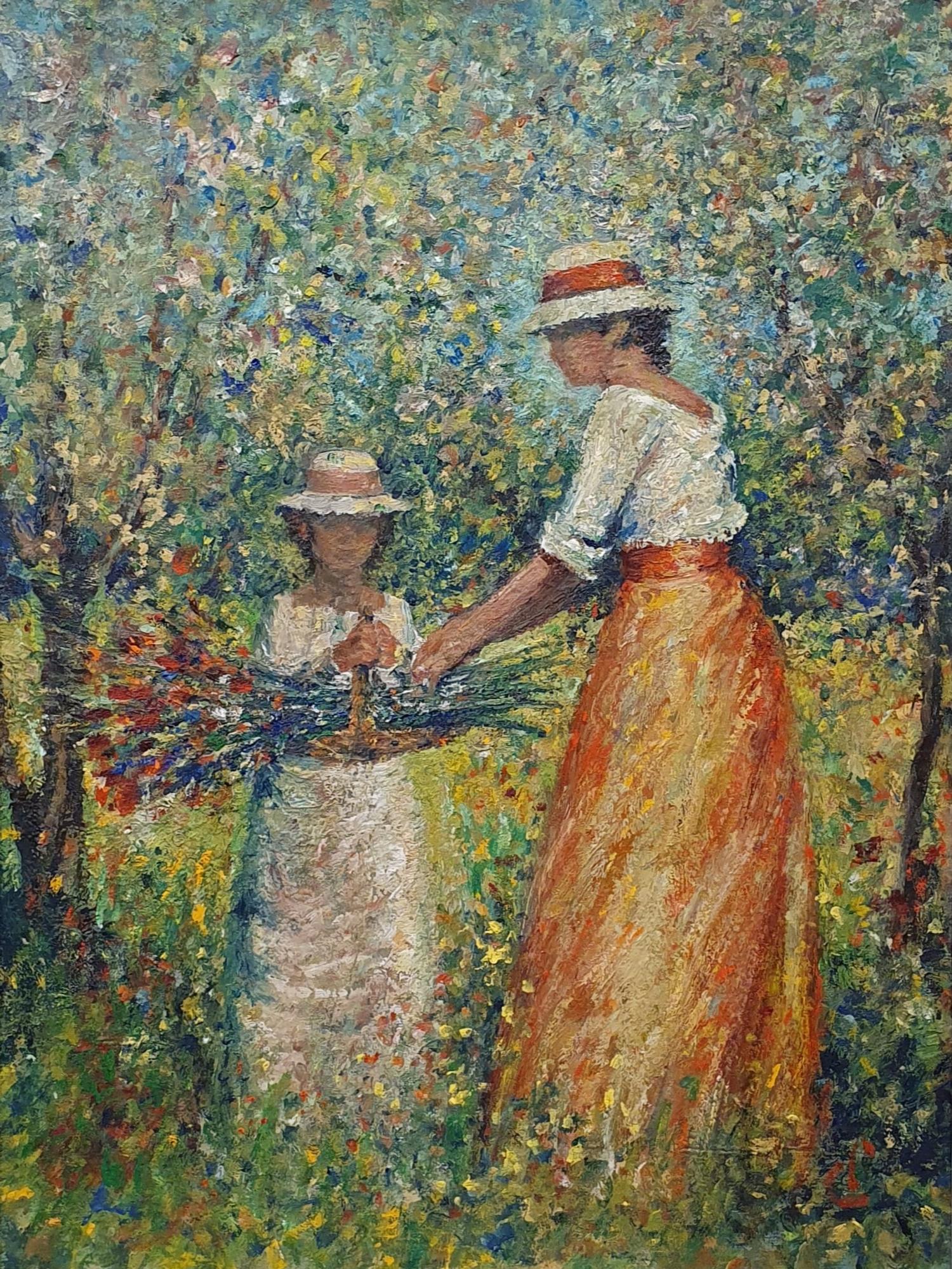 Impressionist school, two figures picking flowers, oil on board, 60 x 44 cm