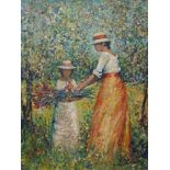 Impressionist school, two figures picking flowers, oil on board, 60 x 44 cm