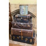 A cabin trunk, another trunk, two suitcases, and a bin (5)