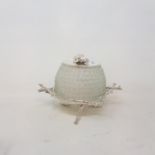 A modern silver plated and glass honey pot, 13 cm high