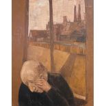 English school, 20th century, and old man at a window, oil on canvas, 72 x 60 cm (unframed)