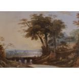 Attributed to John Varley (1778-1842), a landscape with two figures on a bridge, watercolour, 12 x