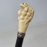 A 19th century walking stick, with carved ivory handle in the form of a fox, 92 cm