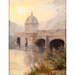 English school, 20th century, a bridge with a turret, oil on board, 43.5 x 33 cm