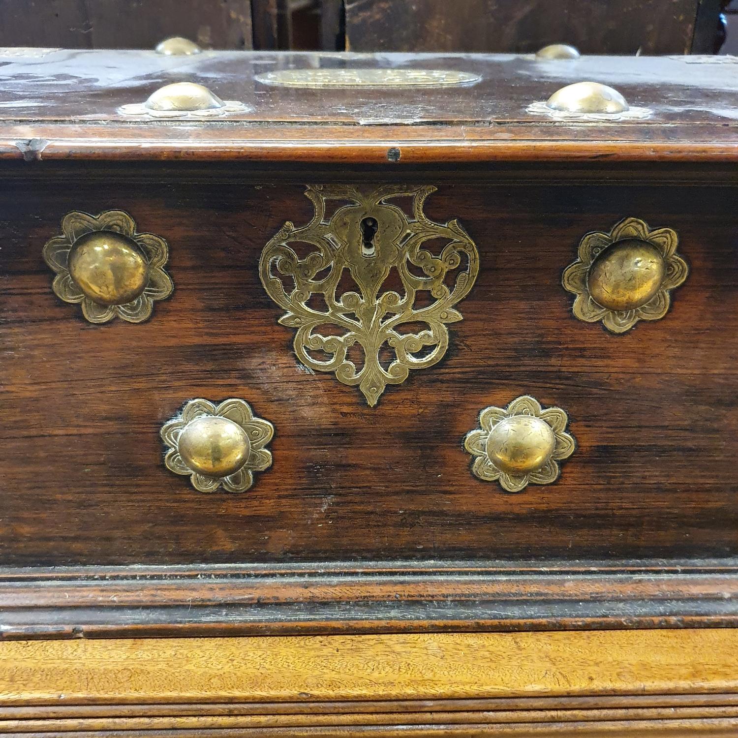 An 18th century Eastern hardwood and brass bound chest, 66 cm wide - Image 3 of 5