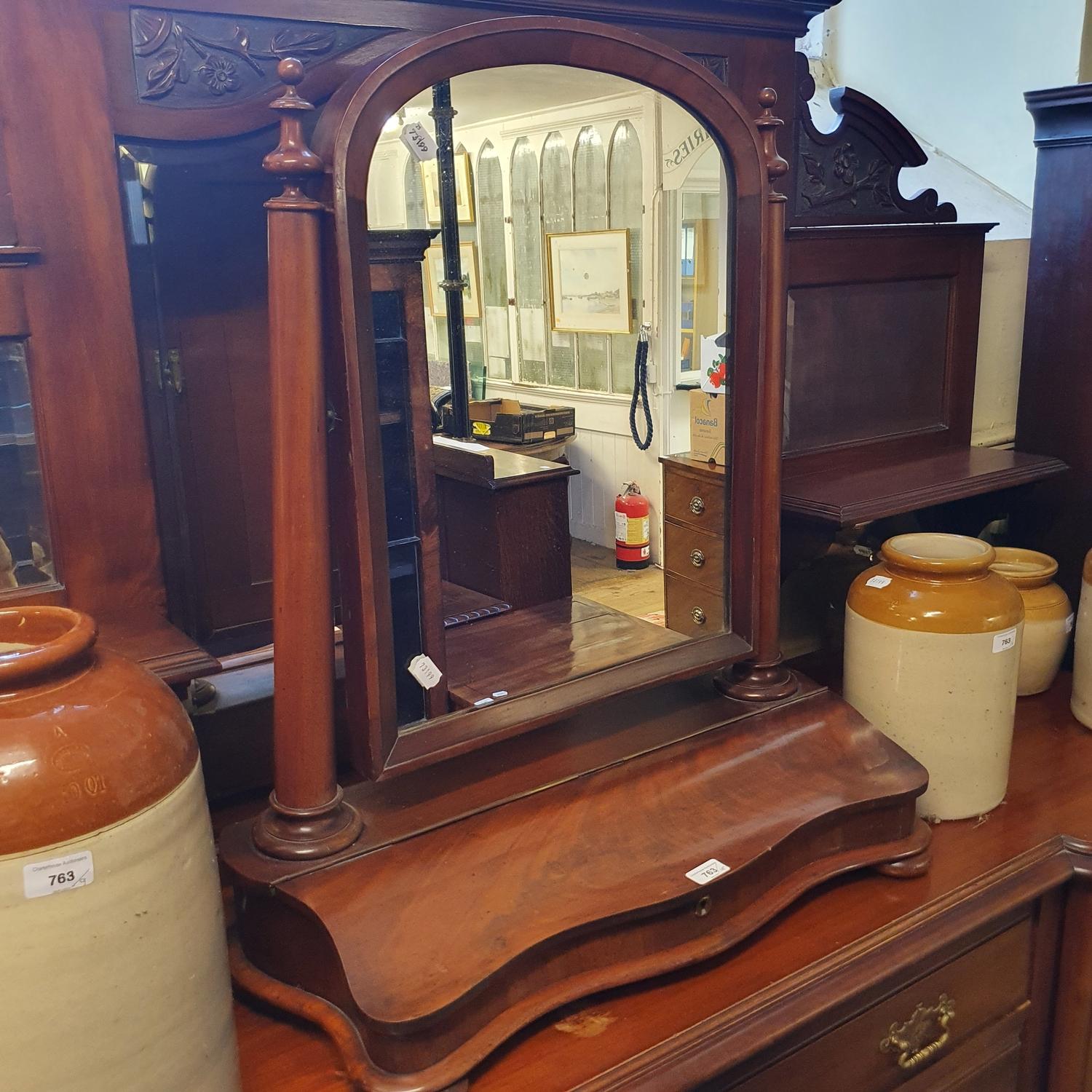 A 19th century mahogany dressing mirror, 69 cm wide, three planters and five storage jars (9)