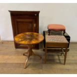 A 19th century oak and mahogany corner cabinet, 66 cm wide, a footstool, a piano stool, an