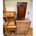 An oak chest, having four drawers, 77 cm wide, two bedside chests, and a coffee table (4)