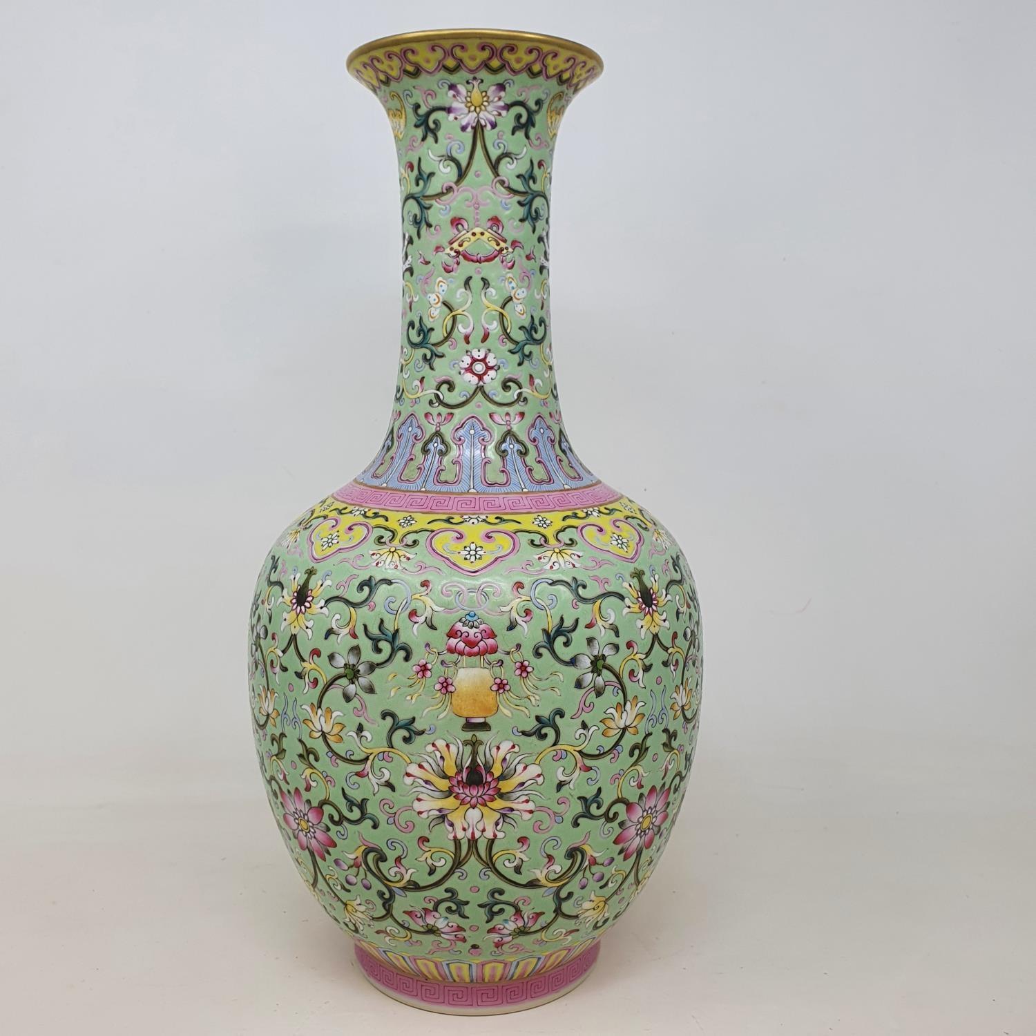 A Chinese green ground vase, with horizontal bands of floral decoration, character mark to base, - Image 6 of 7