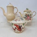 A late 18th century Leeds creamware sucre and cover, 11 cm diameter, a teapot, a coffee pot, a