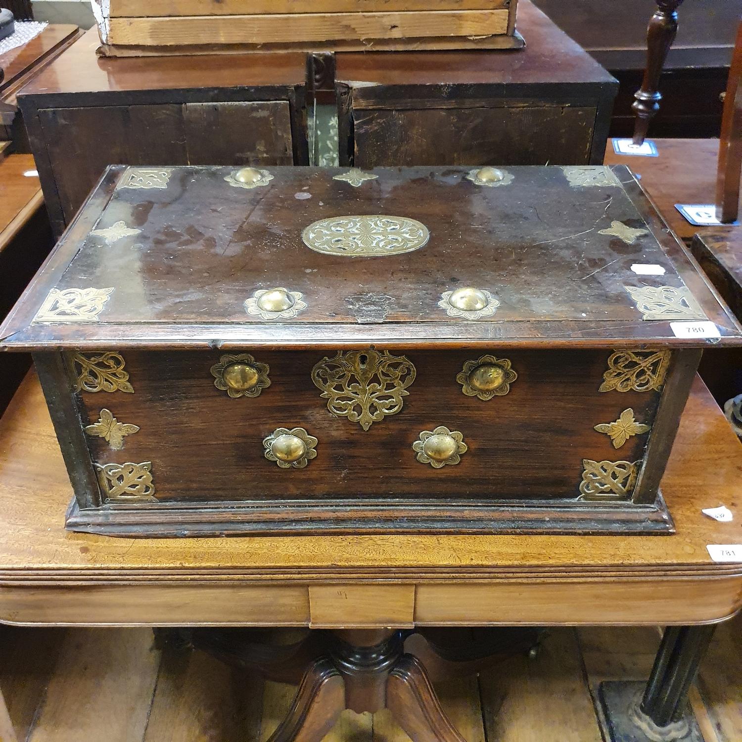 An 18th century Eastern hardwood and brass bound chest, 66 cm wide - Image 2 of 5