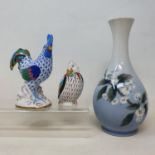 A Herend cockerel, 14 cm high, a duck, 9 cm high, and a Royal Copenhagen vase, 22 cm high