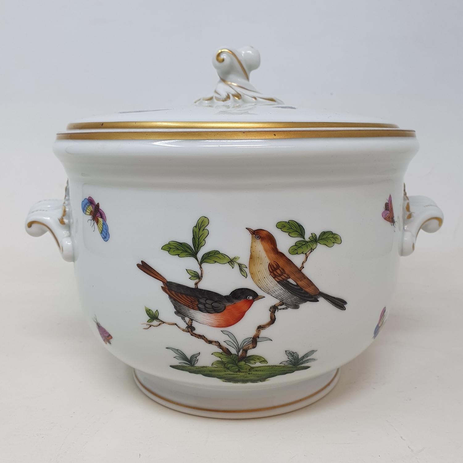 A Herend ice bucket and cover, decorated birds and butterflies, 20 cm diameter