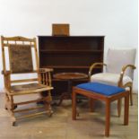 A walnut bookcase, 112 cm wide, a mahogany wine table, a stool, an oak jewellery box, a bureau, an