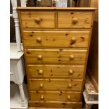 A pine chest, having two short and two long drawers, 92 cm, a pine bookcase, a pine cupboard, a