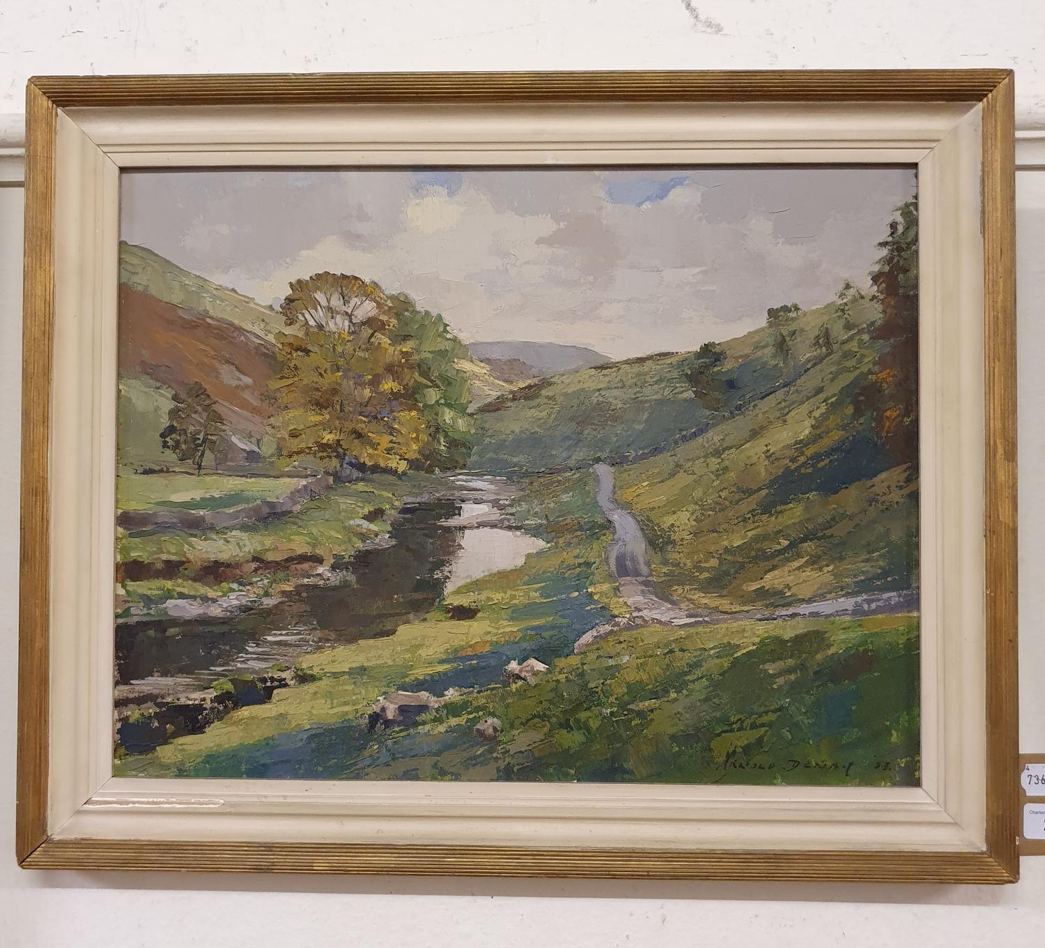 Arnold Denby, Langstrotdale, oil on board, 38 x 49 cm, signed, titled and dated 1953 verso on mount - Image 2 of 2