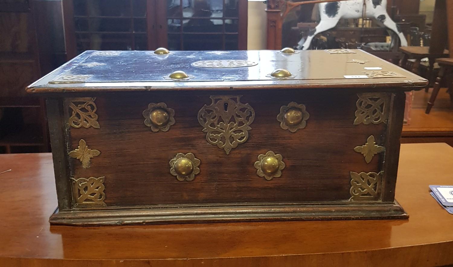 An 18th century Eastern hardwood and brass bound chest, 66 cm wide