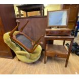 A 19th century dressing mirror, 46 cm wide, a button back armchair, and four other chairs (6)